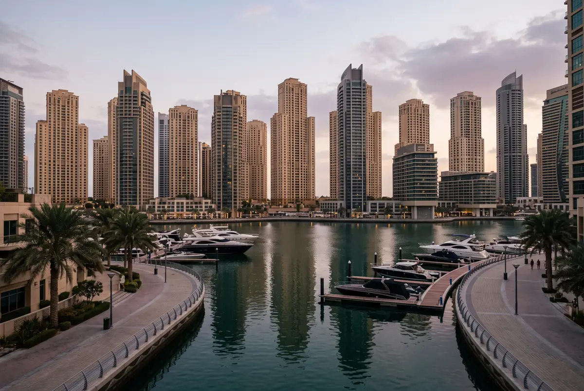 Towers around a marina basin with moored yachts and a curving waterfront promenade at dusk
