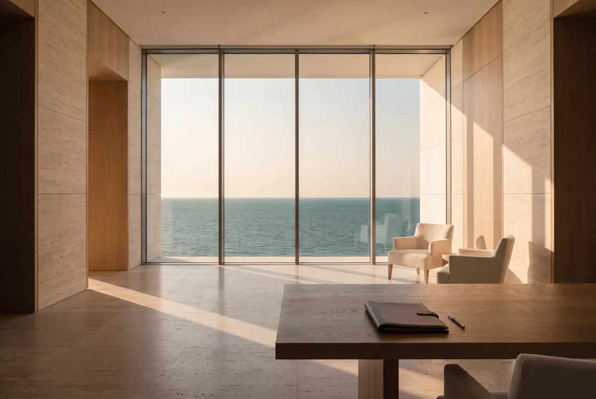 A stone and oak room with a closed leather folder and a pen on a table, before a window onto the sea at golden hour