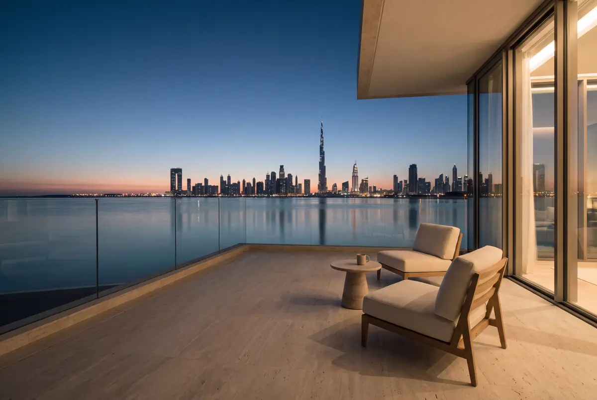 Two lounge chairs on a stone terrace facing still water and a lit skyline at dusk