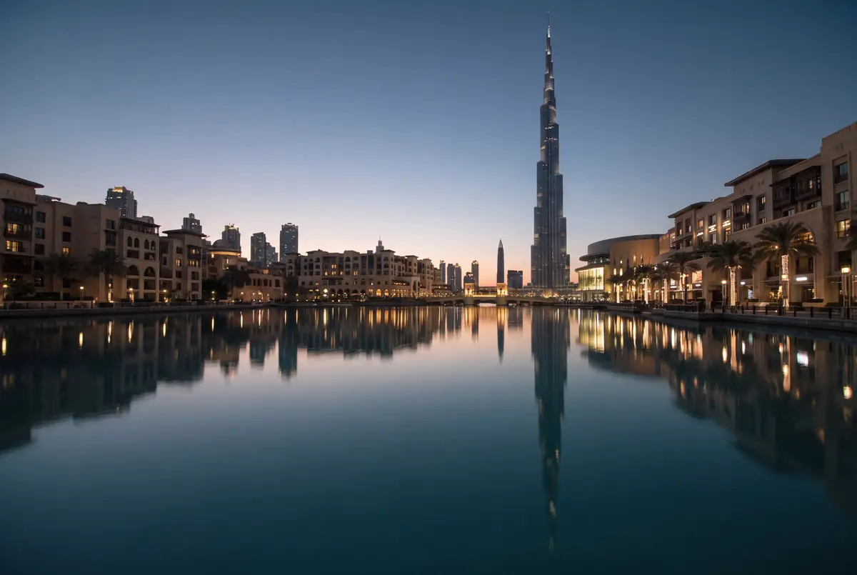The Burj Khalifa rising above a still lake lined with low stone buildings and palms at dusk