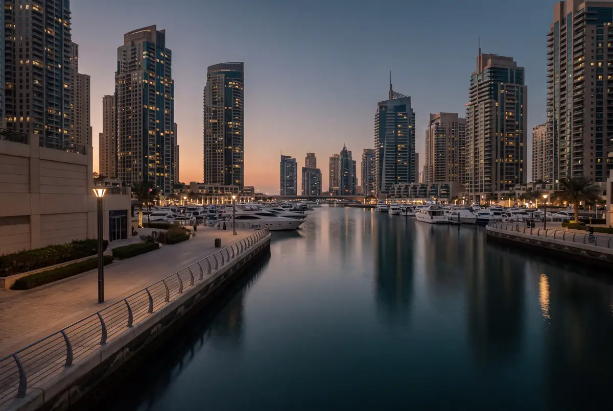 Towers around a marina basin with moored yachts and a waterfront promenade at dusk