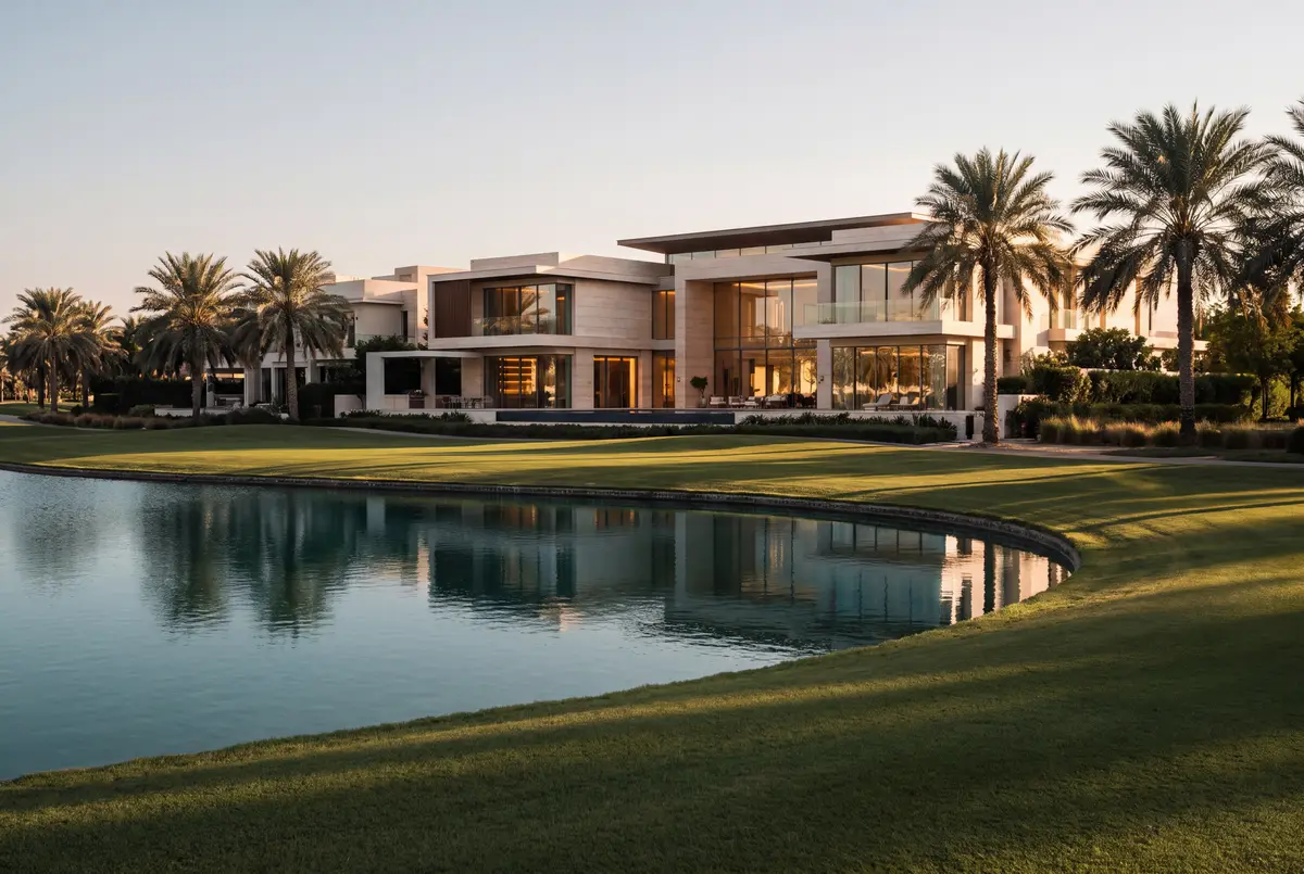 A large contemporary villa beyond a golf fairway and a lake, framed by palms, at golden hour