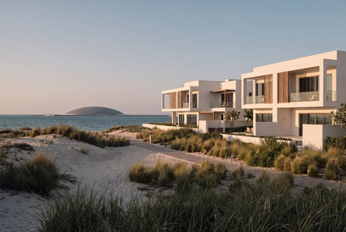 White beachfront residences behind grassy dunes, with the Louvre Abu Dhabi dome across the sea at golden hour